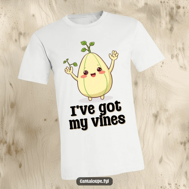 Funny T-Shirt: A happy cantaloupe character sprouts vine arms and waves enthusiastically. Great funny gift.