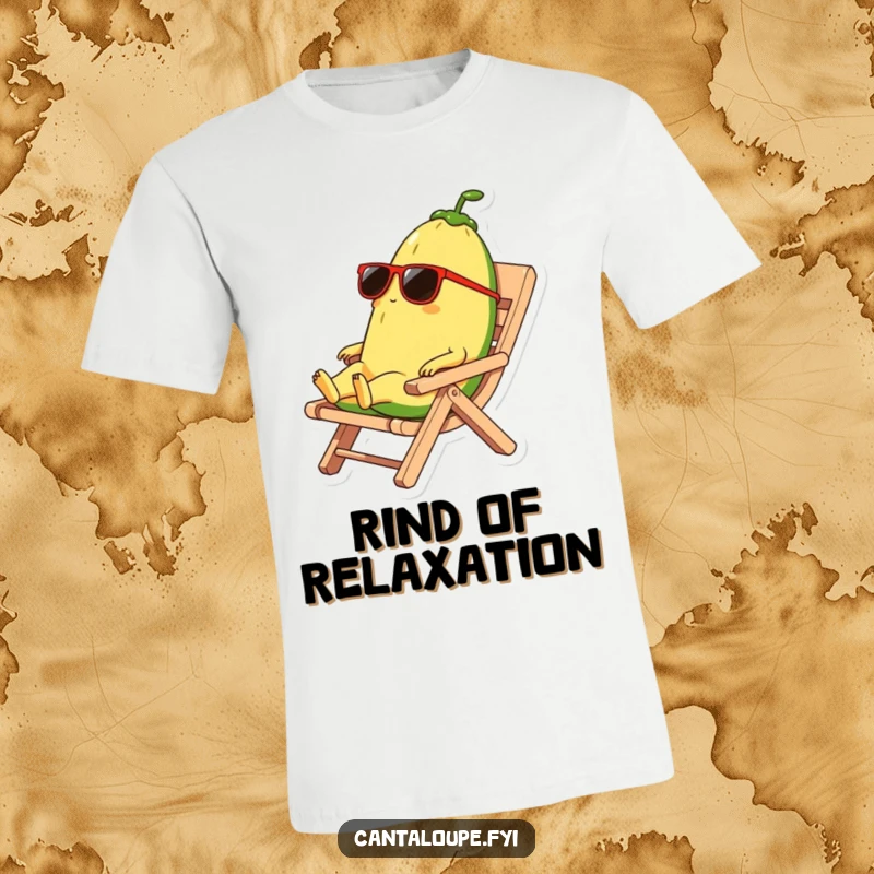 Funny t-shirt showing a cantaloupe character sporting sunglasses while lounging on a rind beach chair, embodying pure relaxation.