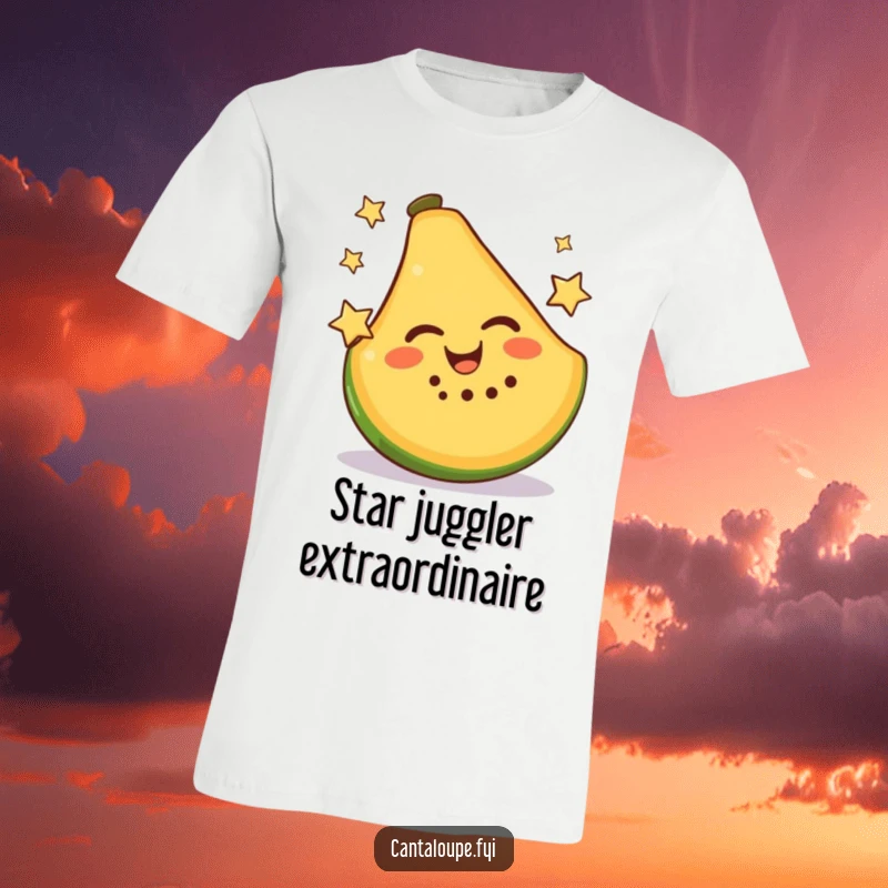 Funny T-Shirt with a smiling cantaloupe slice creatively juggling two tiny, shiny stars, exuding pure happiness.