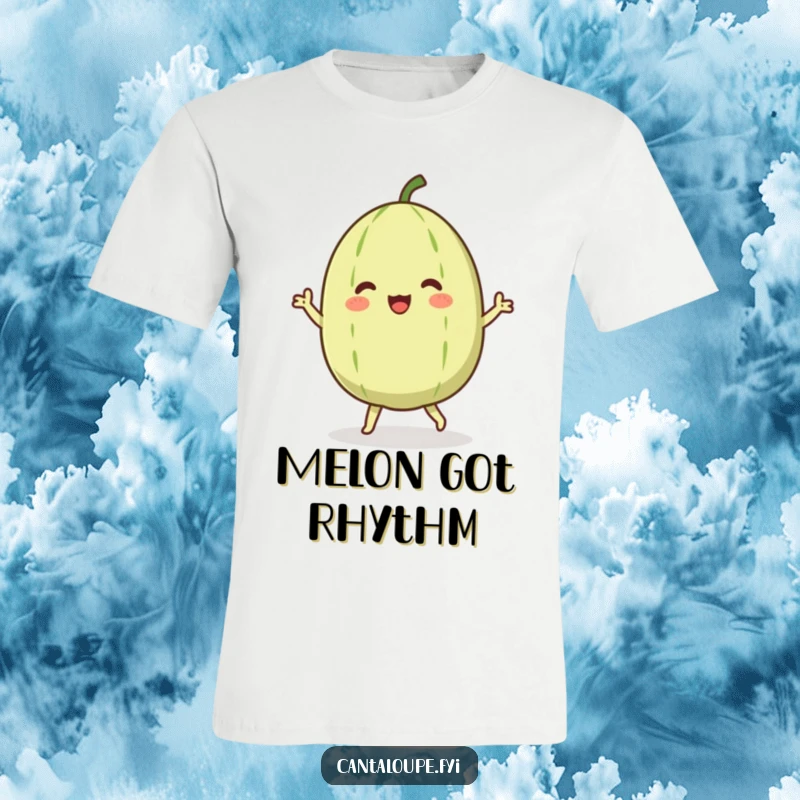 Funny t-shirt displaying a very happy cantaloupe character engaged in a lively, mirthful dance, its body swaying with pure, infectious glee.