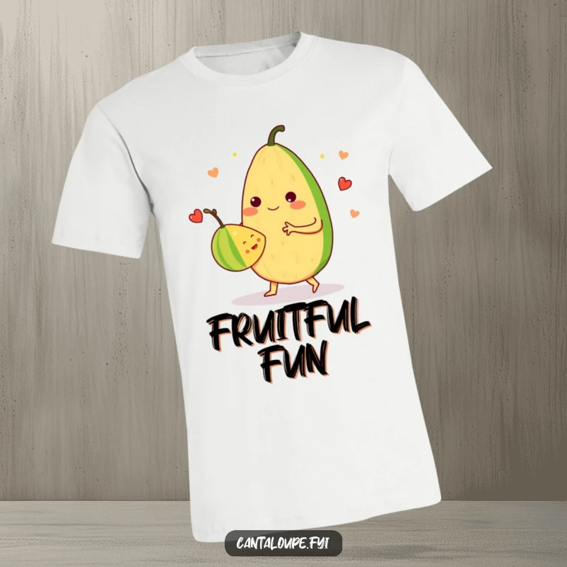 Funny T-Shirt: An anthropomorphic cantaloupe dances a merry waltz with another fruit, showcasing playful interaction and fruity harmony.
