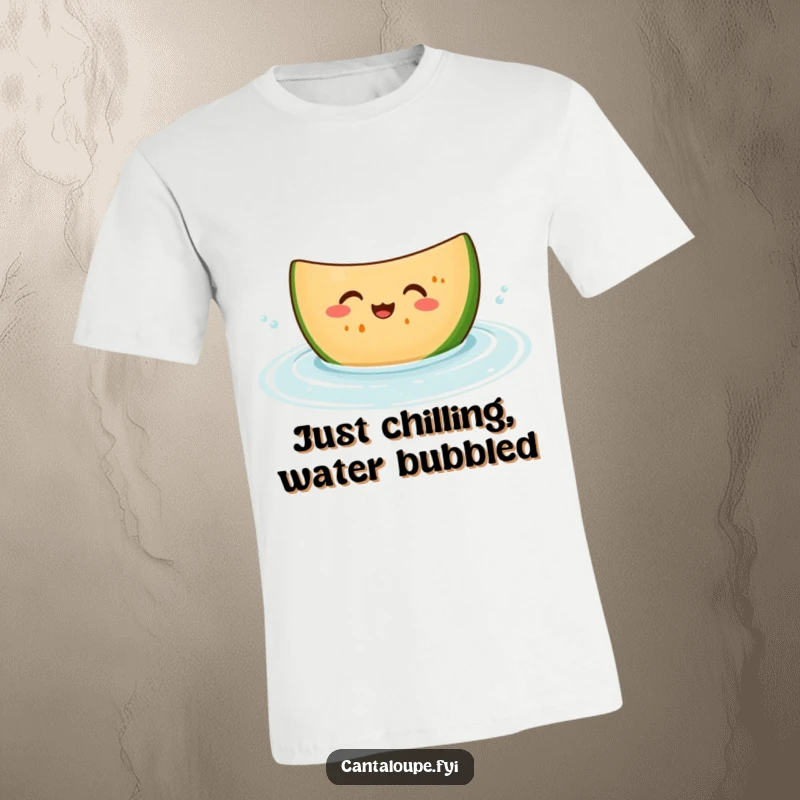 Funny t-shirt featuring a giggling cantaloupe slice character bobbing playfully in water, embodying pure happiness and a cool vibe.
