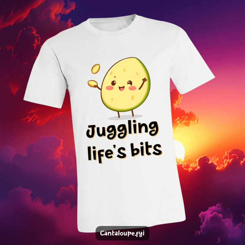 Funny T-Shirt with a cheerful cantaloupe wedge character juggling three tiny cantaloupe seeds, embodying playful juggling skill.