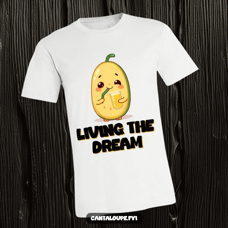 Funny t-shirt depicting a cantaloupe character with a look of pure contentment, sipping juice leisurely through a straw.