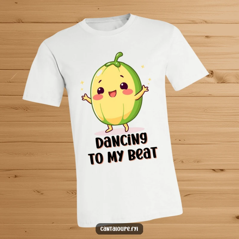 Funny Cantaloupe T-Shirt featuring a character doing a silly dance, coated in sugar, radiating fun and sugary energy.