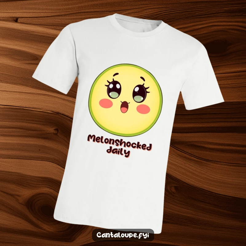 Funny Cantaloupe Slice T-Shirt: A cantaloupe character displays wide, watery, surprised eyes, making a humorous statement about unexpected events. Expressive tee.