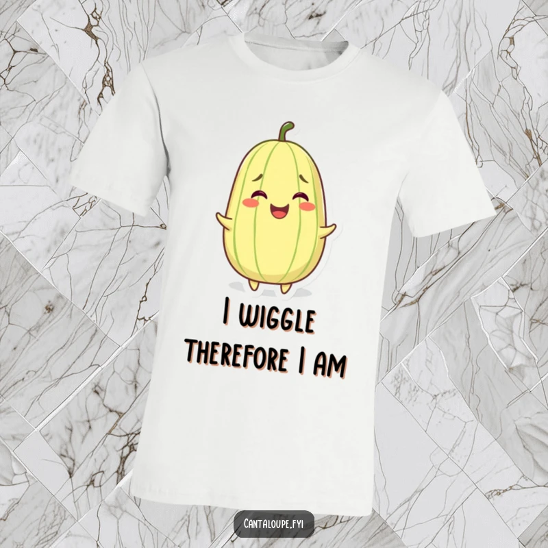 Funny t-shirt depicting a grinning cantaloupe character wiggling ecstatically, radiating infectious joy and fun.