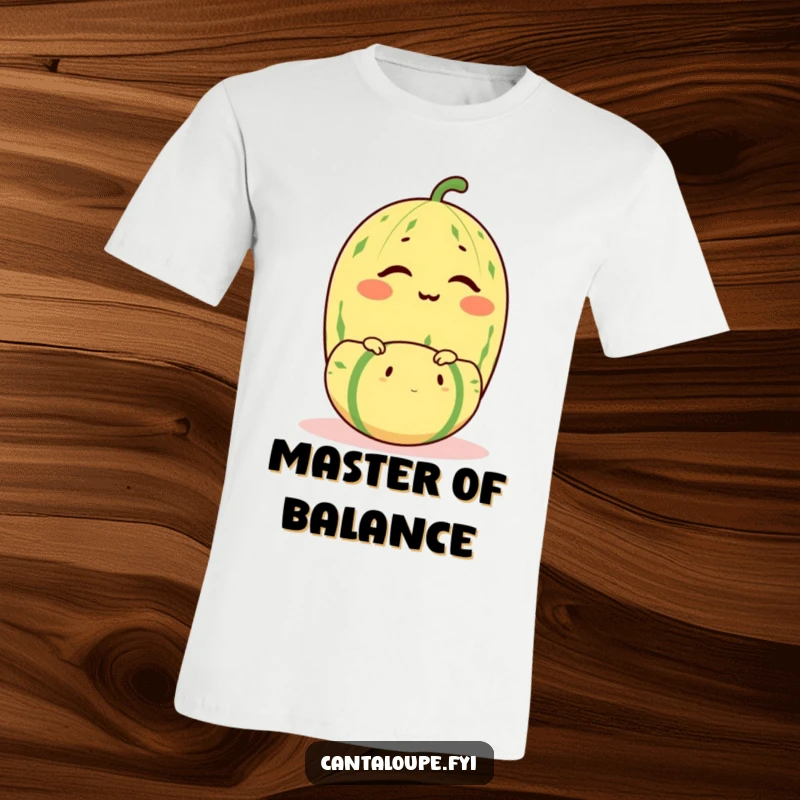 Funny cantaloupe character winking knowingly while balancing another melon, a humorous t-shirt for skilled fruits and people.