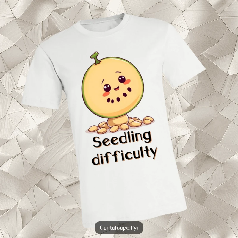 Funny t-shirt showcasing a wobbly cantaloupe slice character precariously balancing on loose seeds, looking a bit unsteady.