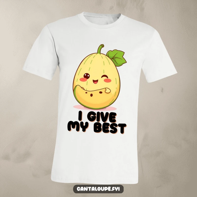 Funny T-Shirt: An anthropomorphic cantaloupe beams while offering a juicy slice of itself, symbolizing giving and fruity delight.