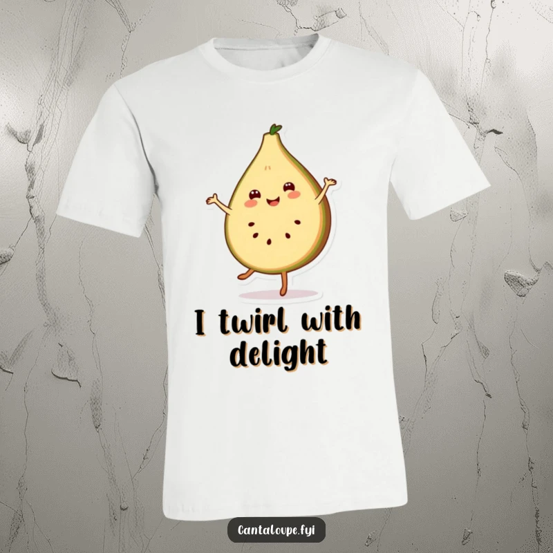 Funny t-shirt showcasing a smiling cantaloupe slice character performing a delightful and cheerful pirouette with enthusiasm.