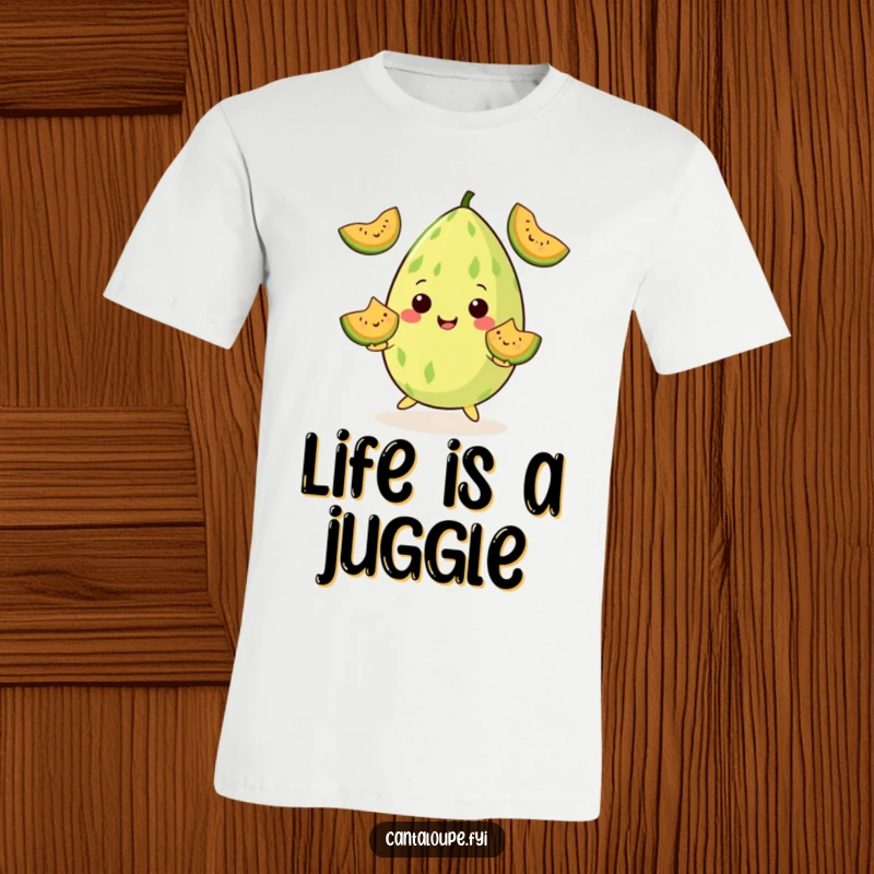Funny T-Shirt: A cantaloupe juggles smiling melon wedges with a playful expression. A great funny gift.