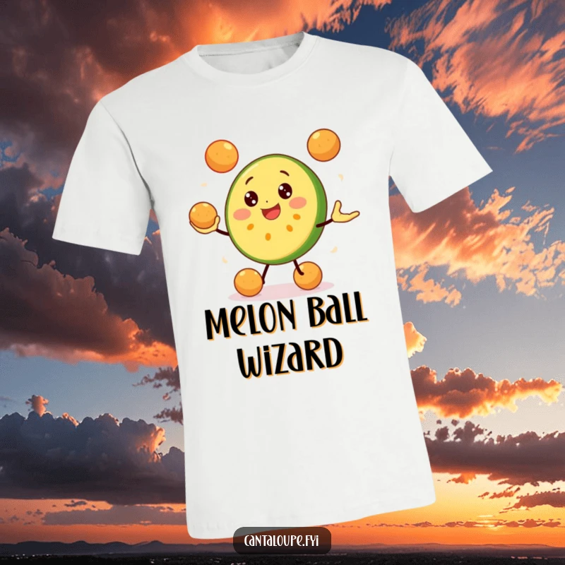 Funny Cantaloupe Slice T-Shirt: A cheerful cantaloupe character expertly juggles melon balls, radiating happiness and impressive coordination. Wearable humor.