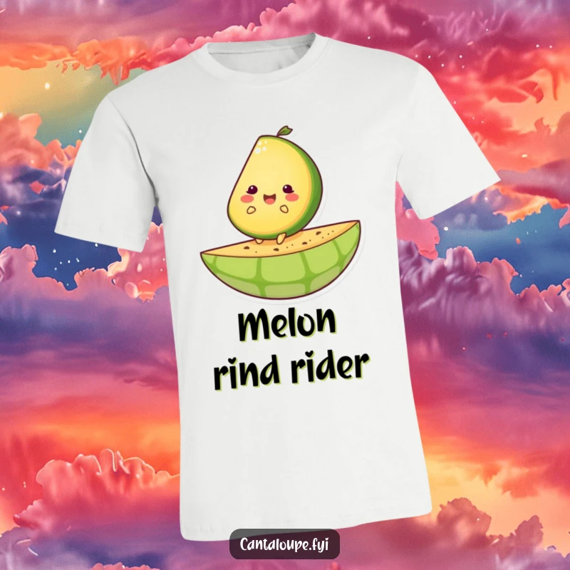 Funny t-shirt depicting a cheerfully happy cantaloupe slice character riding an oversized melon rind with glee.