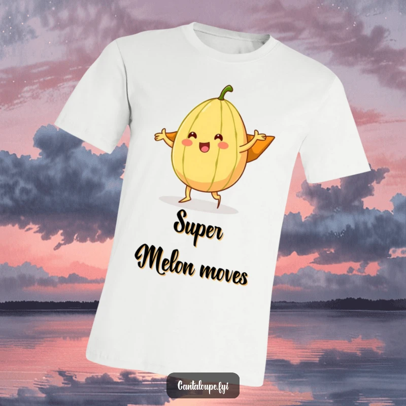 Funny cantaloupe character in a silly dance pose, its rind styled as a cape, a humorous t-shirt for fruit lovers and dancers.