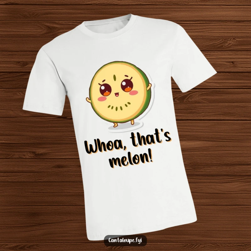 Funny t-shirt depicting a cantaloupe slice character doing a surprised bounce, eyes wide open in shock.