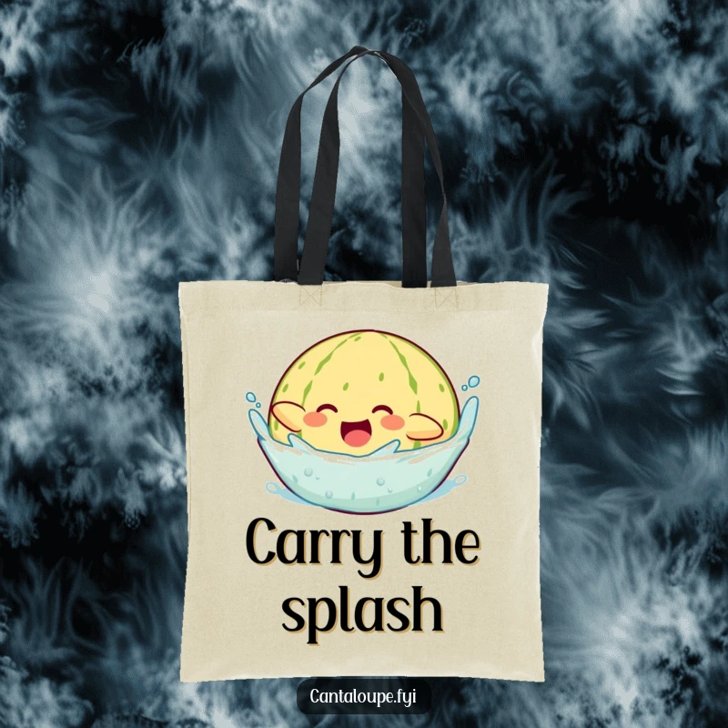 Funny tote bag featuring a cantaloupe character making a triumphant, joyous splash as it dives into refreshing water.