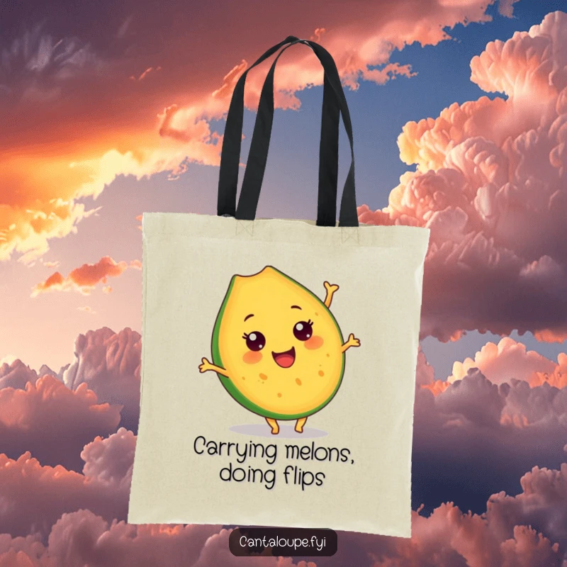 Funny Cantaloupe Slice Tote Bag: A cheerful cantaloupe character performs a daring somersault, bringing a smile and practical storage. Great tote.