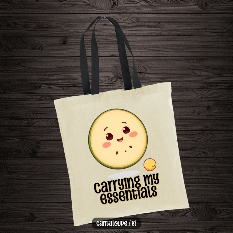 Funny Tote Bag featuring a smiling cantaloupe slice character happily bouncing a small ball, perfect for carrying daily essentials playfully.