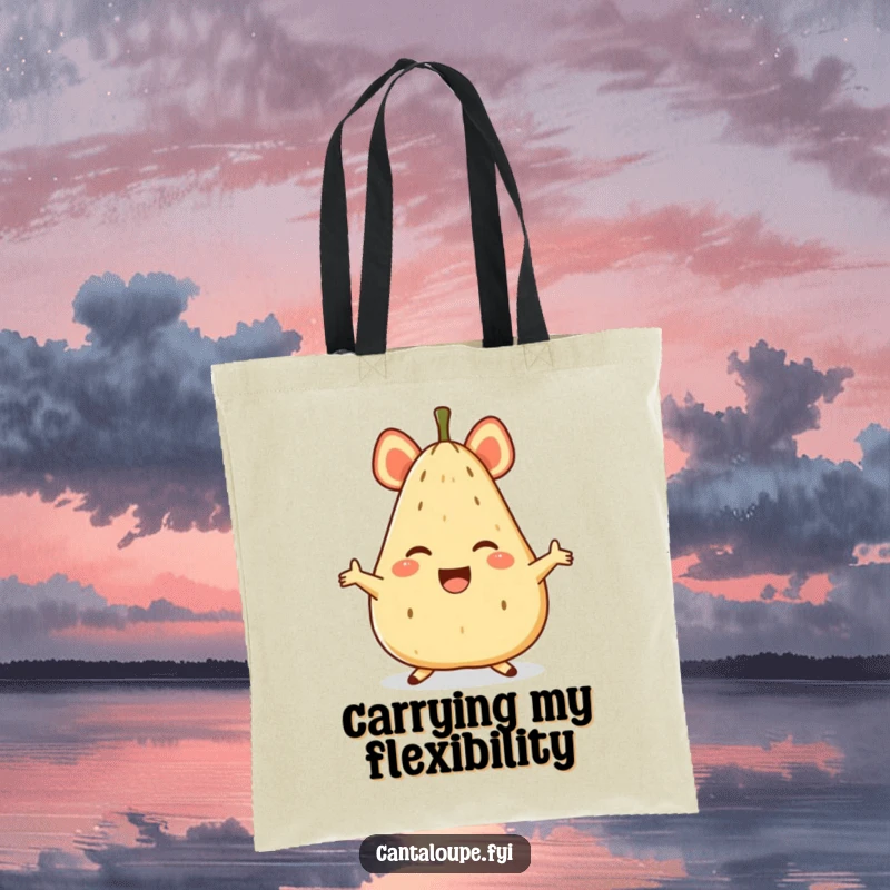 Funny tote bag showcasing a happy anthropomorphic cantaloupe character in a dynamic, joyful split position.