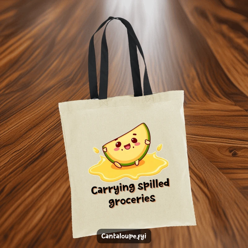 Funny tote bag with a cantaloupe slice character comically slipping on a puddle of cantaloupe juice.