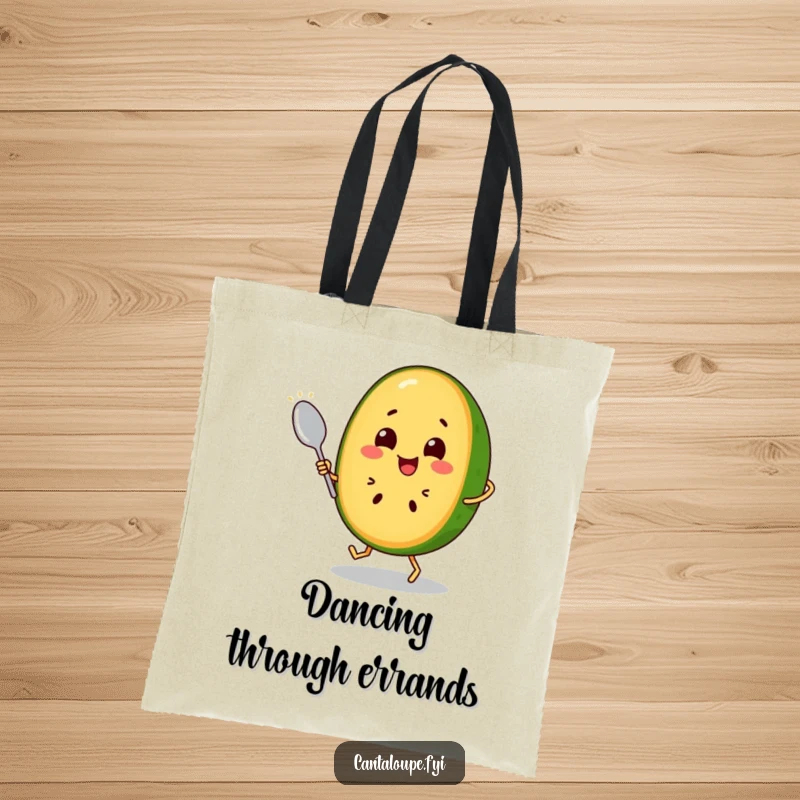 Funny Cantaloupe Slice Tote Bag: A happy cantaloupe character dances with a spoon, perfect for carrying essentials with a beat and a smile.