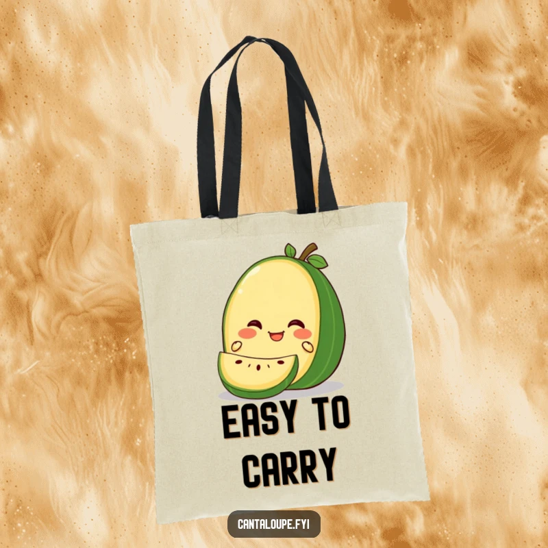 Funny Gleeful Cantaloupe Tote Bag: A tote bag displaying a cantaloupe character with a gleeful expression as it's being gently sliced, for humorous utility.