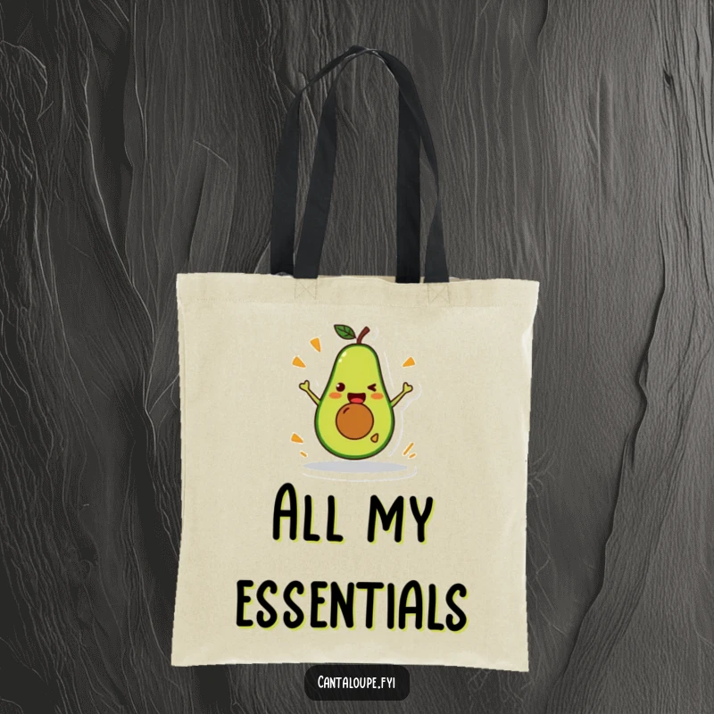 Funny Avocado Tote Bag: A practical tote featuring a happy avocado character doing a silly stunt, perfect for stylish carrying.