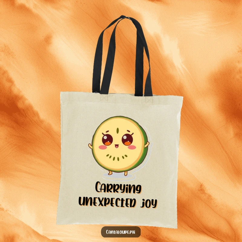 Funny tote bag with a cantaloupe slice character mid-bounce, eyes wide, expressing surprise and delight.