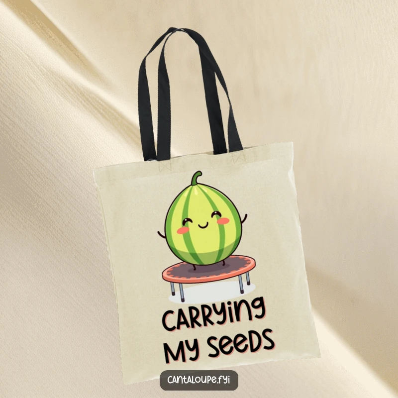Funny tote bag with a smiling cantaloupe segment bouncing on a trampoline, great for carrying groceries.