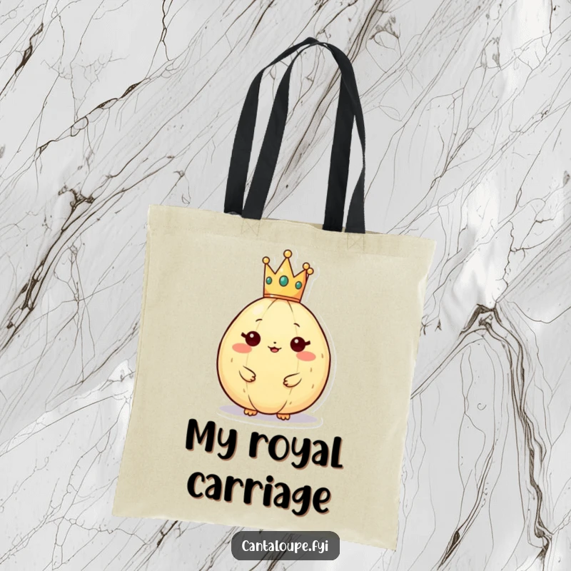 Funny cantaloupe character wearing a crown on a tote bag, symbolizing regal flair and everyday utility.