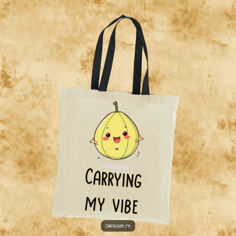 Funny Cantaloupe Slice Tote Bag: A cheerful cantaloupe slice character in a playful spin, designed for functional fun and carrying smiles.