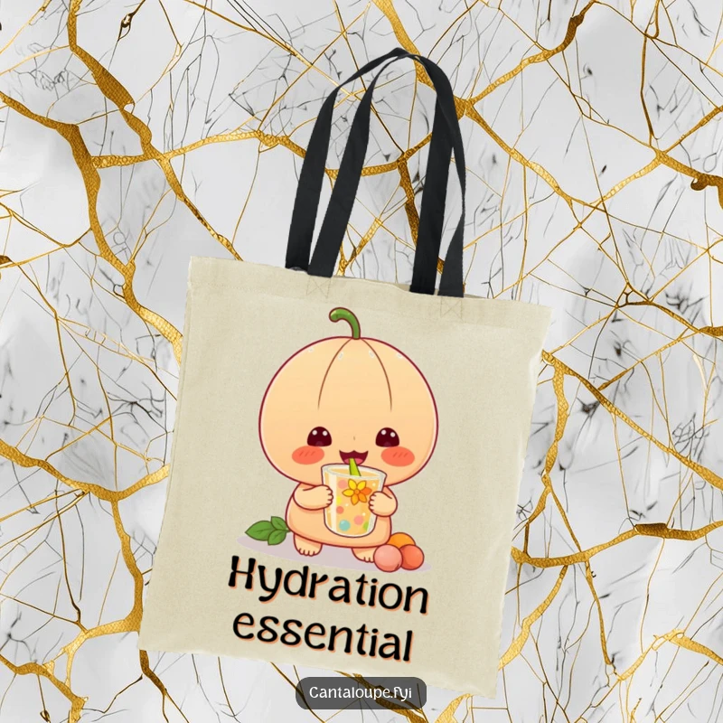Funny tote bag illustrating a cantaloupe character contentedly slurping a colorful beverage, ideal for shopping and errands.