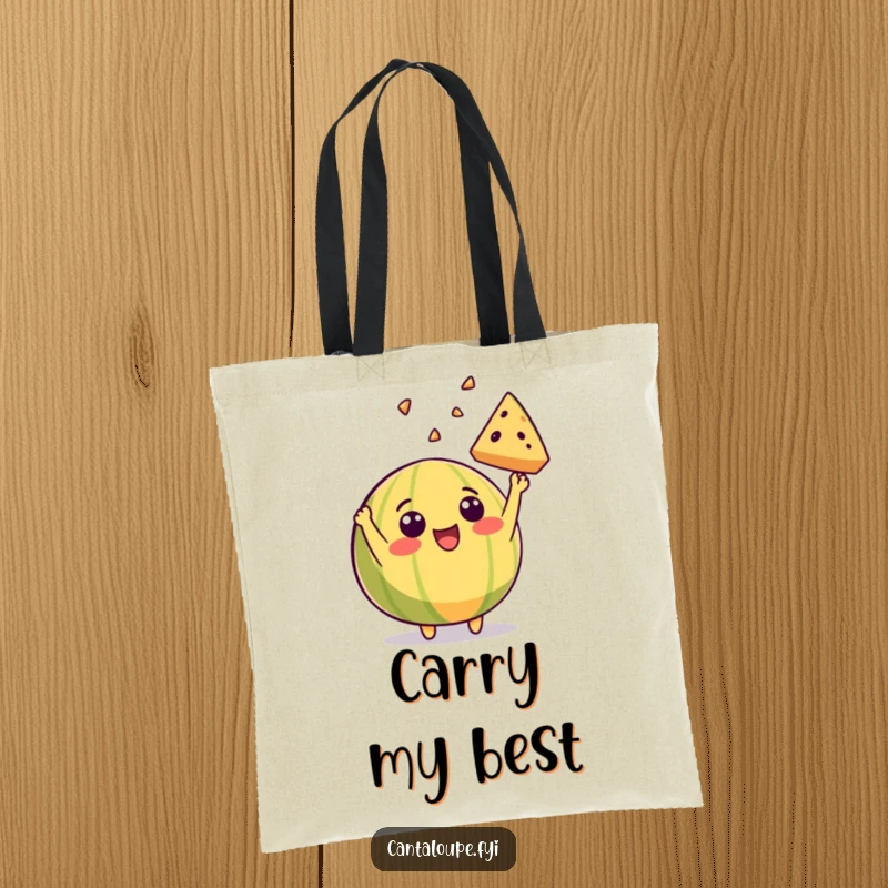Funny tote bag featuring a beaming cantaloupe character happily throwing a slice of itself into the air, ready to carry your items.
