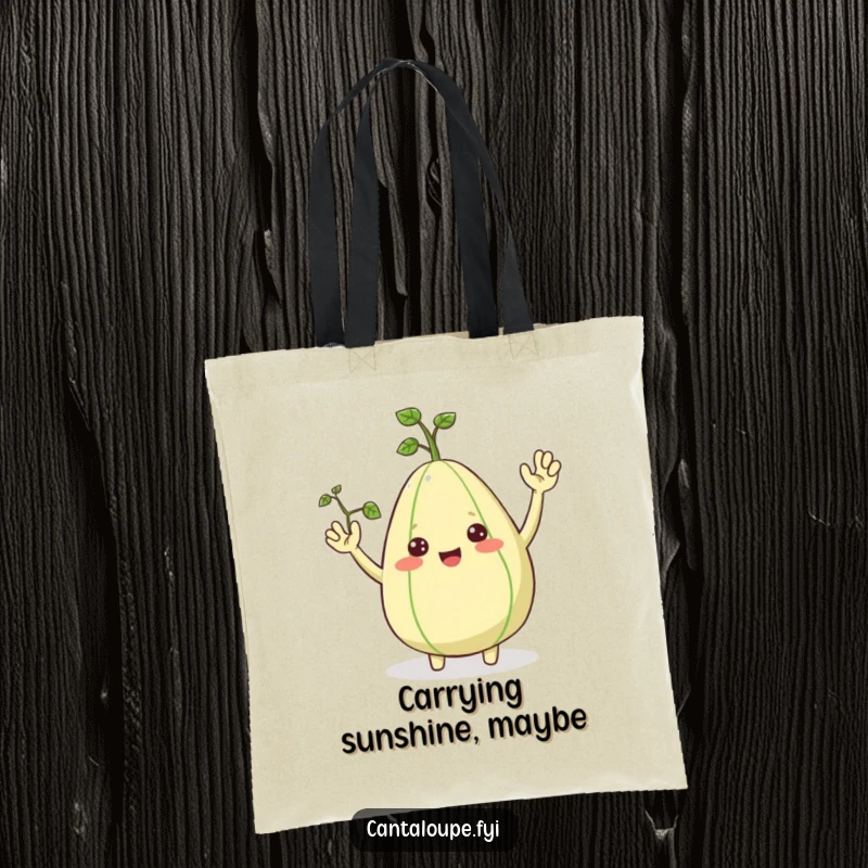 Funny Tote Bag: A happy cantaloupe with vine arms waves hello. Perfect for carrying groceries or essentials with a smile. Funny gift.