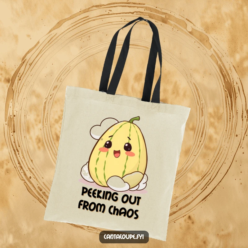 Funny Tote Bag showing a whole cantaloupe character with an excited expression, peeking playfully from behind a cloud.