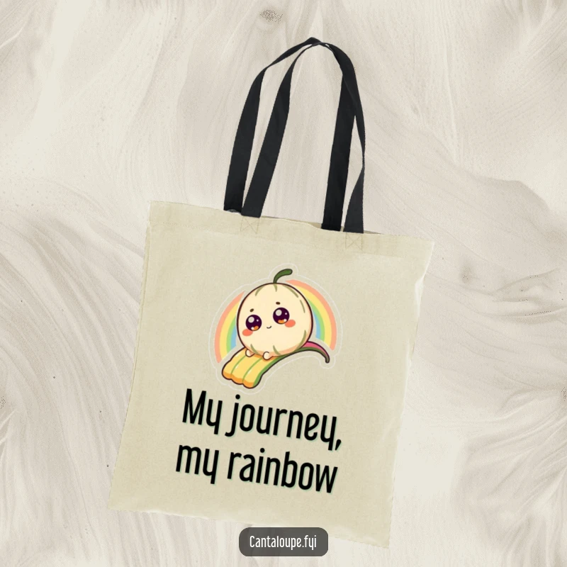 Funny Tote Bag illustrating a tiny, beaming cantaloupe character sliding with glee down a spectacular, vibrant rainbow.