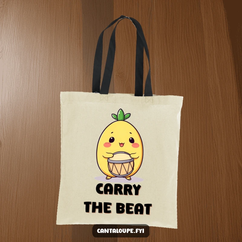 Funny Drumming Cantaloupe Tote Bag: A tote bag showing a cantaloupe character enthusiastically playing a small drum, designed for carrying essentials with musical flair.