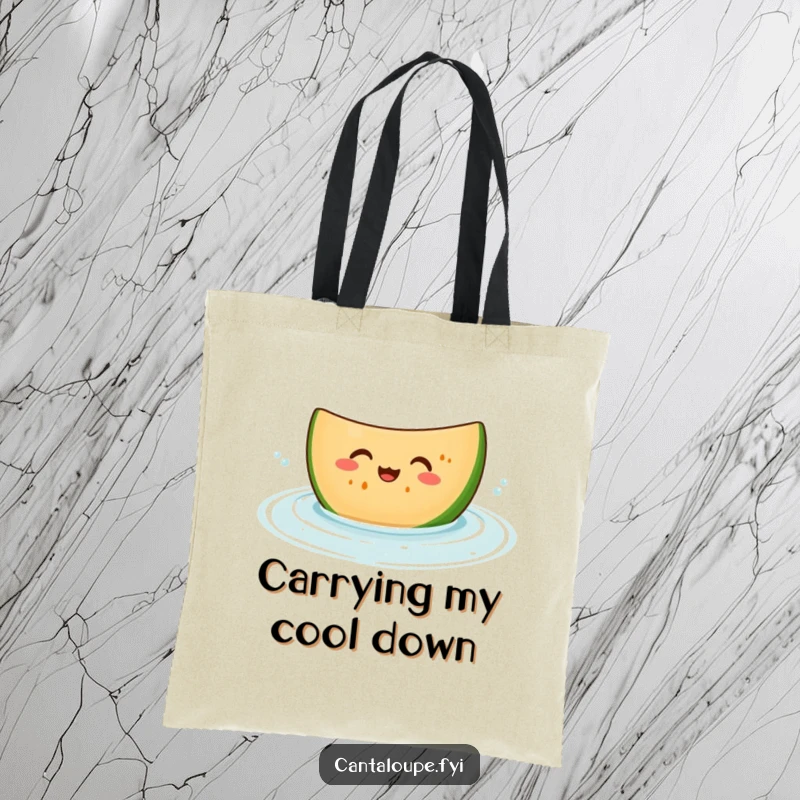 Funny tote bag with a giggling cantaloupe slice character bobbing in refreshing water, perfect for carrying summer essentials with a smile.