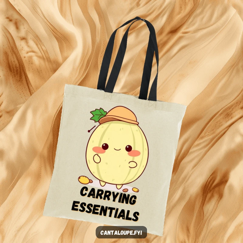 Funny Cantaloupe Juggler Tote Bag: A tote bag showcasing a cantaloupe character in a tiny hat, juggling seeds, designed for stylish and humorous utility.