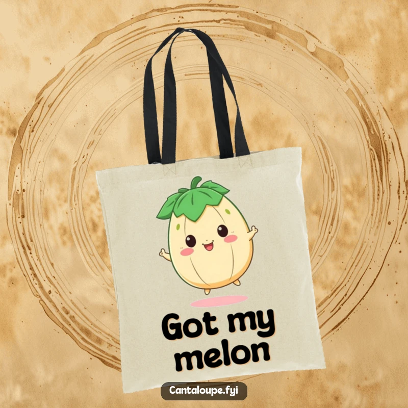 Funny Tote Bag featuring a happy cantaloupe character bouncing with enthusiasm, perfect for carrying daily essentials happily.