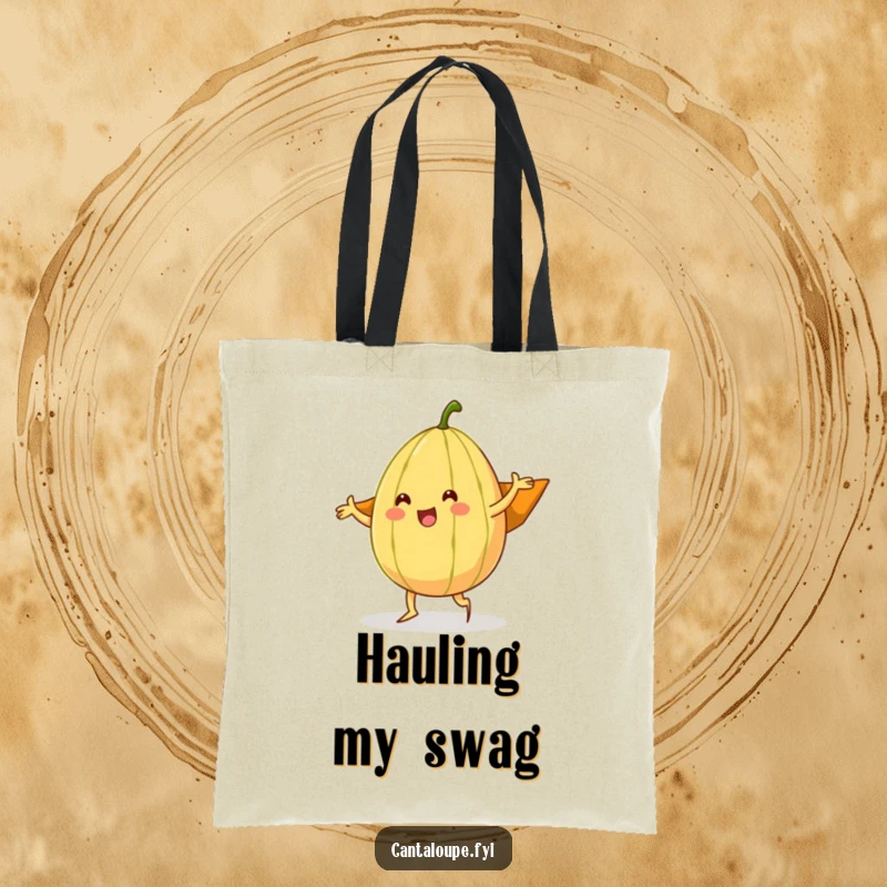 Funny cantaloupe character performing a silly dance with its rind as a cape, a humorous and practical tote bag.