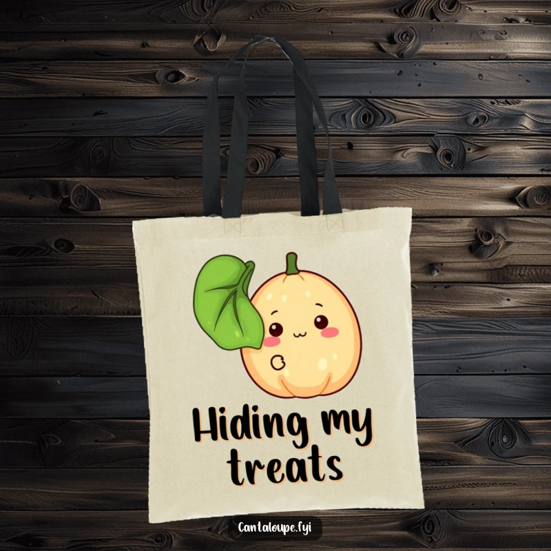 Funny Tote Bag: A shy cantaloupe peeks from behind a leaf with a timid smile. Perfect for essentials. Funny gift.