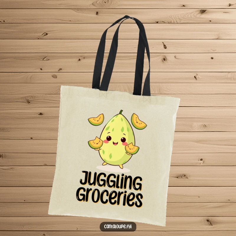 Funny Tote Bag: A skilled cantaloupe juggles smiling melon wedges. Perfect for carrying essentials. Funny gift.