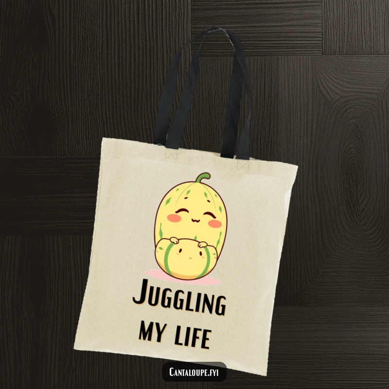 Funny cantaloupe character winking while balancing a smaller melon, a humorous and practical tote bag.
