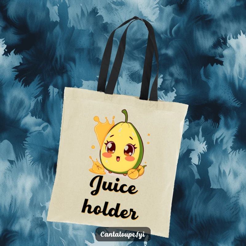 Funny Surprised Cantaloupe Tote Bag: A tote bag showing a cantaloupe character with wide, surprised eyes reacting to a splash of juice, for humorous utility.