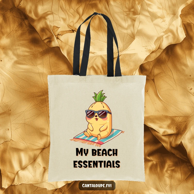 Funny cantaloupe character wearing sunglasses lounges on a beach towel, a humorous and practical tote bag design.