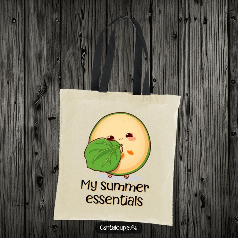 Funny Cantaloupe Tote Bag: A graphic of a cantaloupe slice fanning itself with a leaf, exuding a cool and humorous vibe.