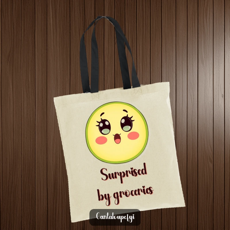 Funny Cantaloupe Slice Tote Bag: A cantaloupe character with wide, watery eyes expresses hilarious surprise, perfect for carrying essentials with flair.